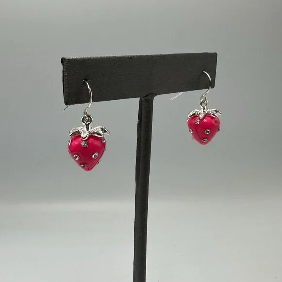 3/$30 Strawberry Dangle Earrings Pink Silver Tone Rhinestone Accents Fruit - Picture 5 of 11